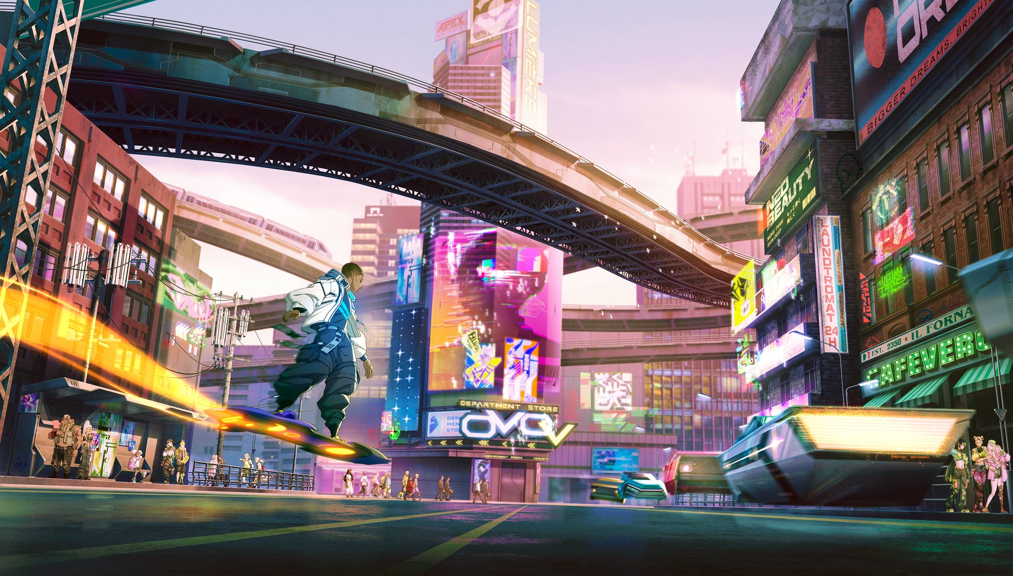 Saint Dubois riding a hoverboard through a neon city street, official Sentinel 6 artwork