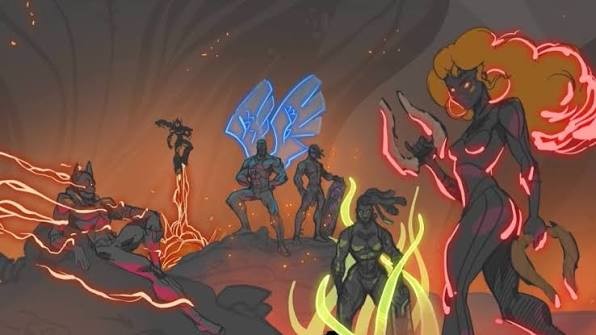 The six heroes standing together on a burning battlefield, official Sentinel 6 artwork