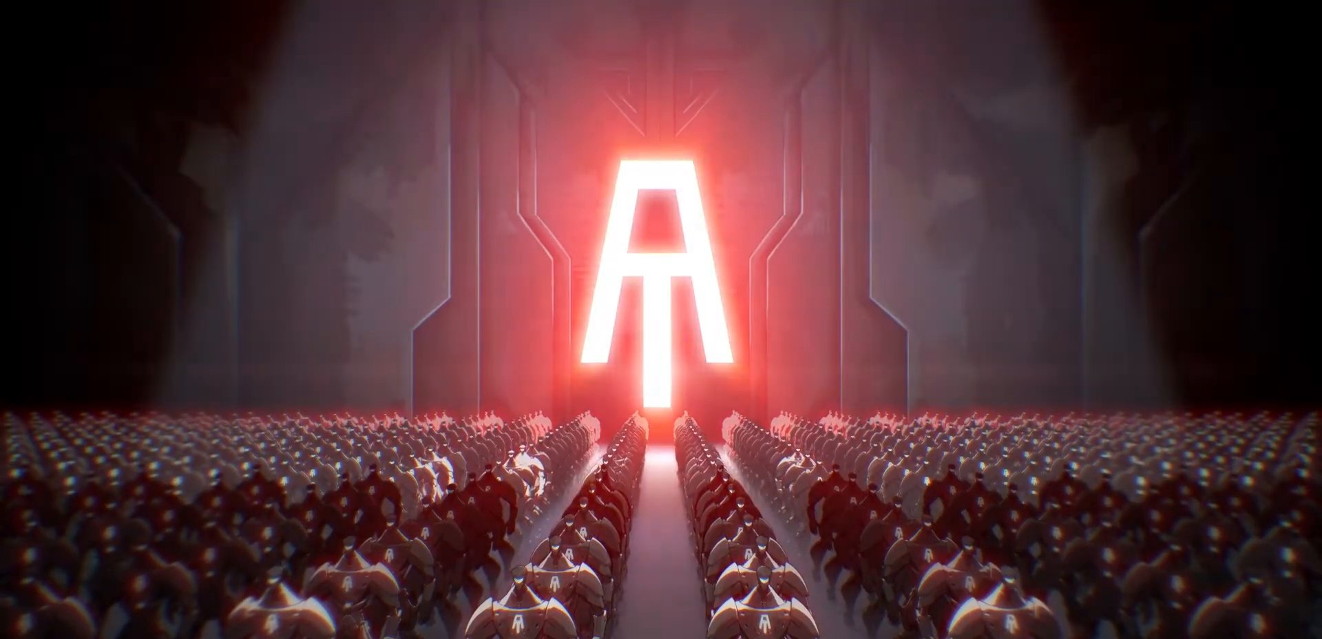 The robot army standing in formation under a glowing insignia