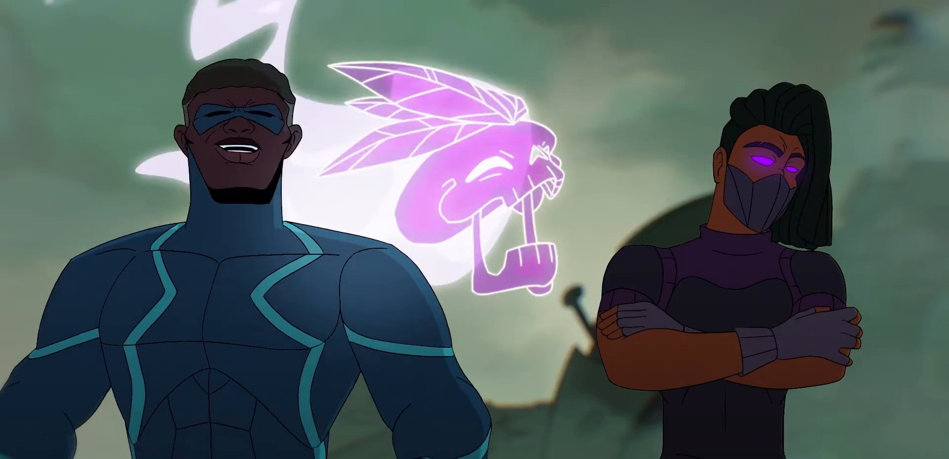 Blue Sage and Phantom X on the battlefield, with Phantom X's ghost spirit beside them
