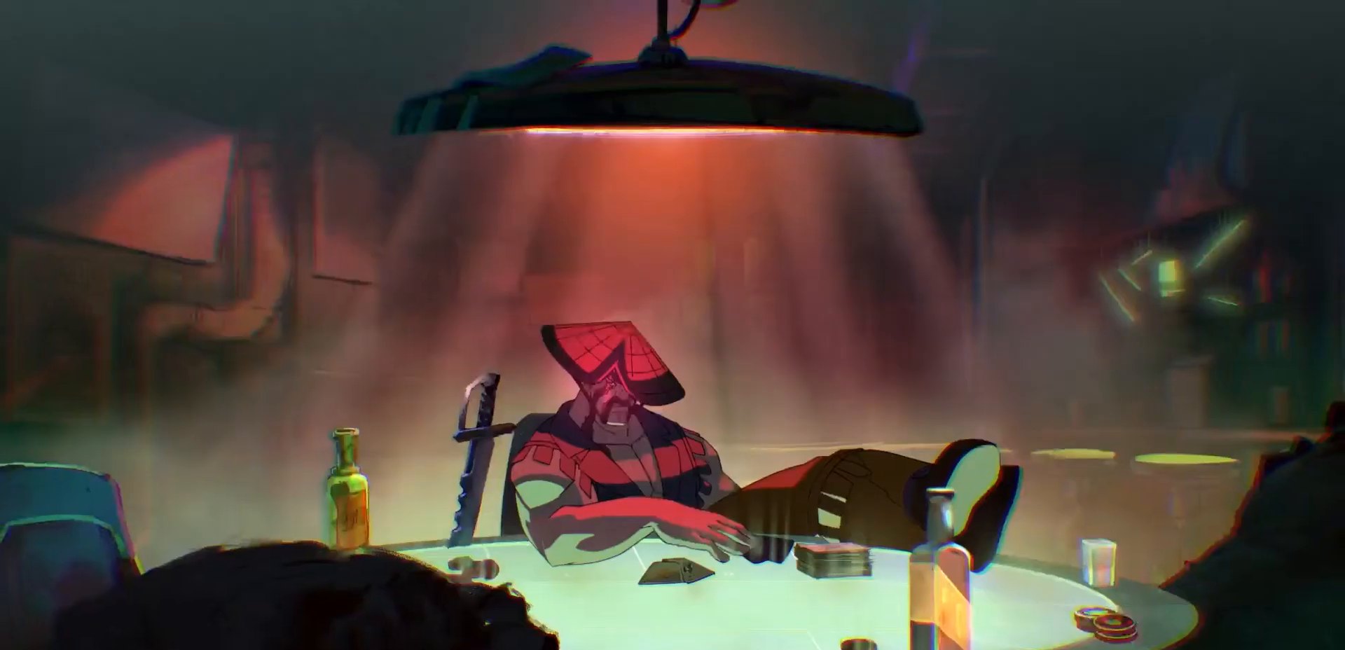 A figure in a wide hat lounging at a table under a red lamp, from the Sentinel 6 trailer