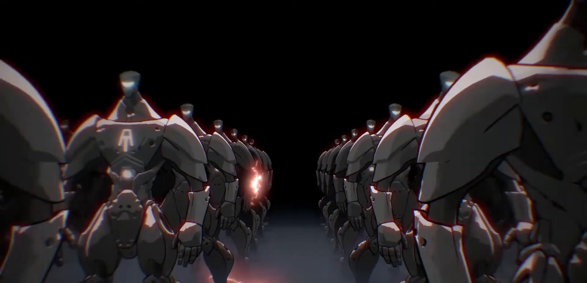 Rows of armored robot soldiers with glowing red eyes