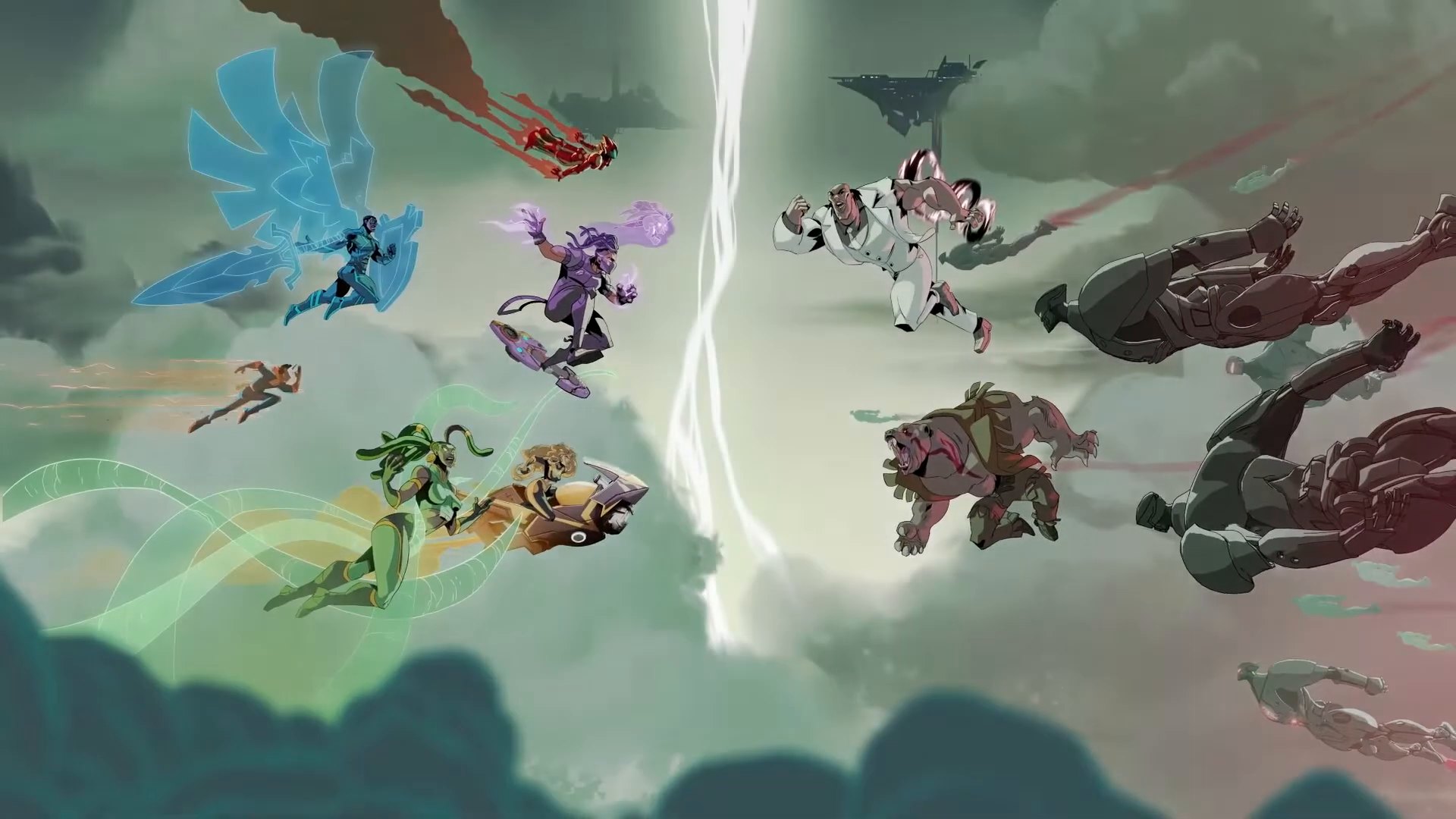 The six heroes charging into the horde through the clouds, from the Sentinel 6 trailer